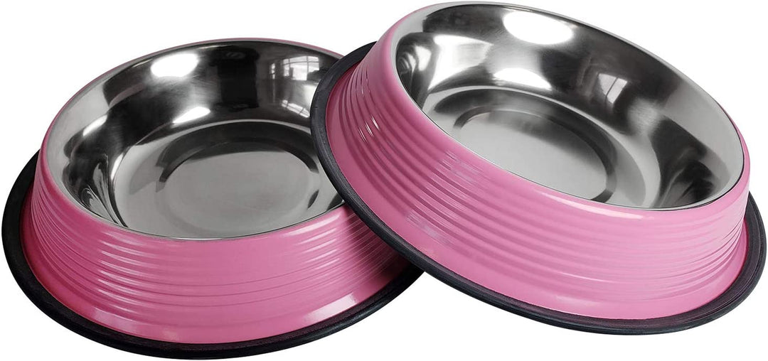 Dog Bowls, Set of 2 Non Skid & Non Tip Colored Stainless Steel Bowls for Puppies and Dogs (24 Oz Each, Pink)